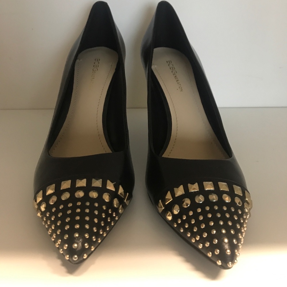 BCBG black leather studded heels